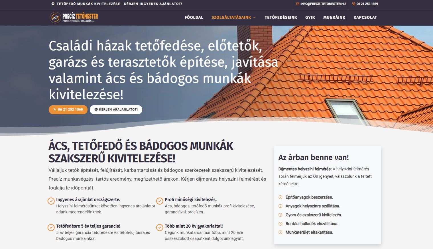 tetőfedő cég weboldal példa